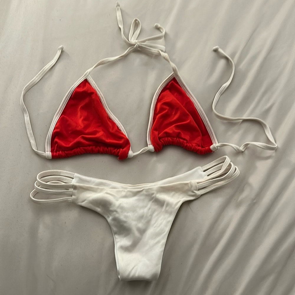 Unico Swim red and white bikini with scrunch butt bottoms